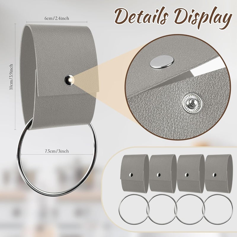 MISAKTEAM 4 PCS Leather & Metal Towel Ring Holder for Kitchen Dish Towels Holder with Loop Oven Door Hanger Gifts for Farmhouse Home Decor(Grey) - Image 2